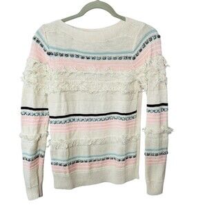 LOFT Sweater Womens XS Ivory Boat Neck Pastel Stripe Fringe Long Sleeve Cotton